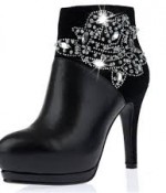 Shiny Rhinestone Thin High Heel Real Leather Short Boots